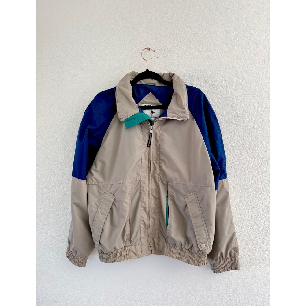 Yukon Trail Vintage Mens Colorblock Windbreaker Jacket Tan Navy Blue Teal Medium